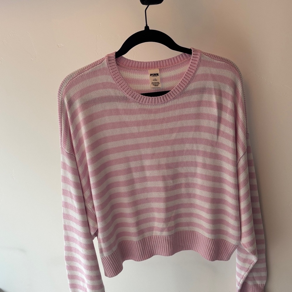 Pink Light Pink and White Striped Sweater